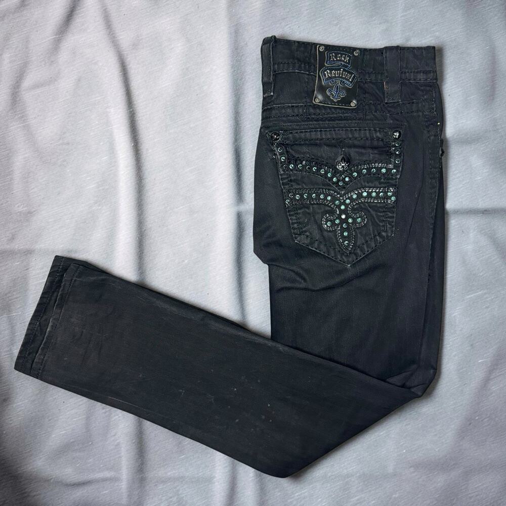 Rock Revival Coty Alt Straight Jeans Mens 36 Black Rhinestone Fleur De Lis